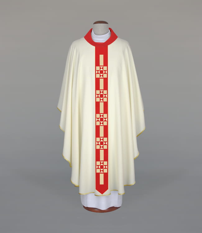 Ecru Chasuble with modern embroidery on a narrow loose band — front view