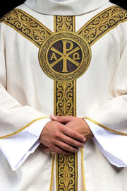Ecru Chasuble with printed PAX motif — front view