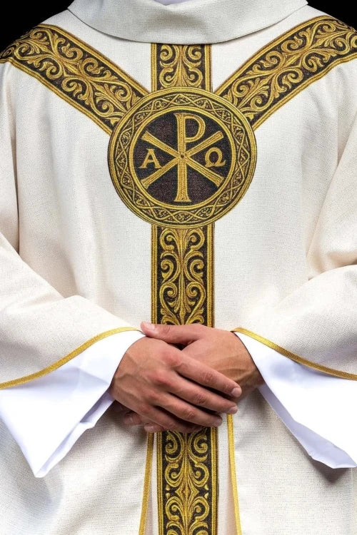 Ecru Chasuble with printed PAX motif — front view