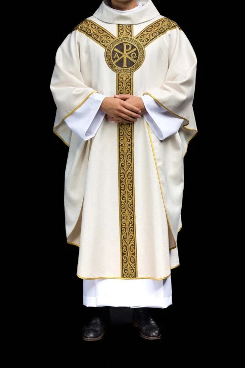 Ecru Chasuble with printed PAX motif — full view