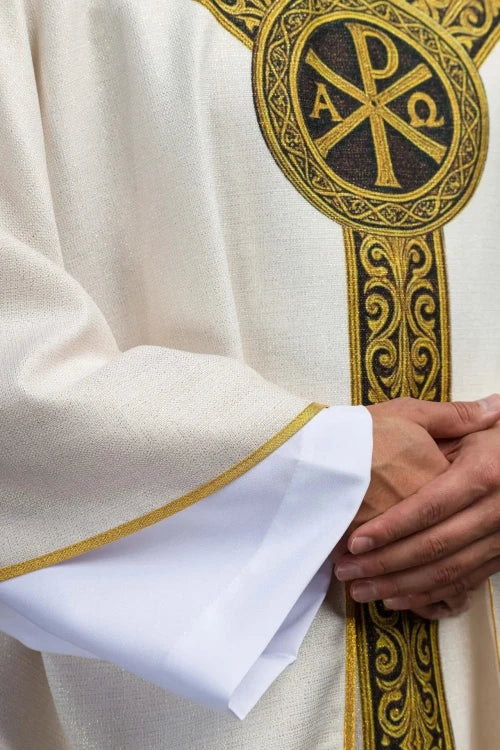 Ecru Chasuble with printed PAX motif — decoration detail