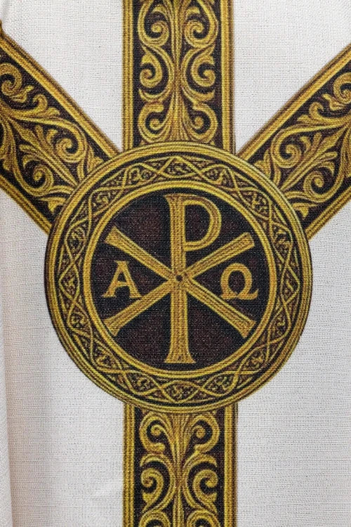 Ecru Chasuble with printed PAX motif — back view