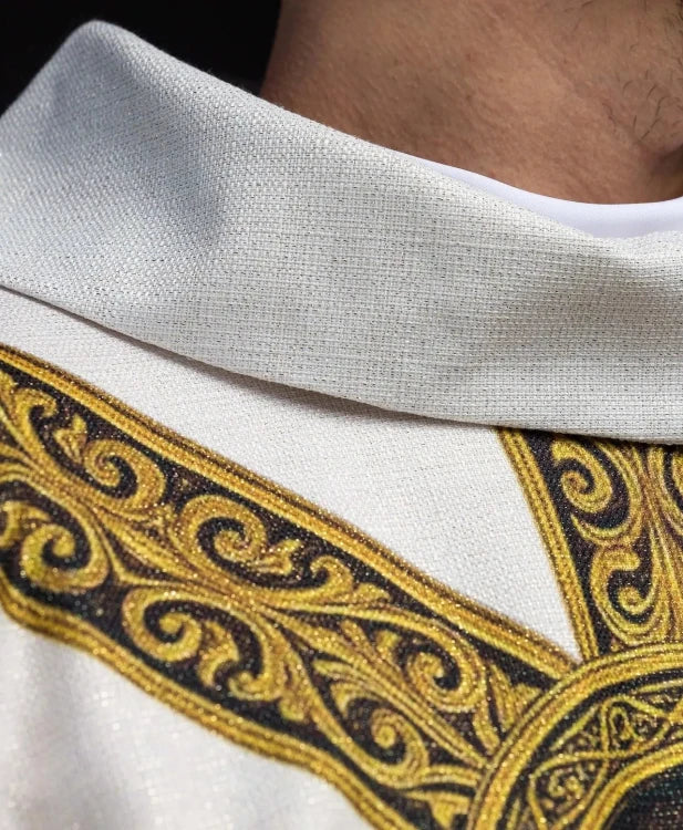 Ecru Chasuble with printed PAX motif — close-up detail