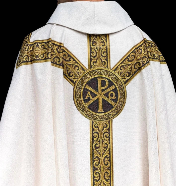 Ecru Chasuble with printed PAX motif — side view