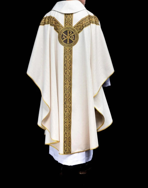 Ecru Chasuble with printed PAX motif — collar detail