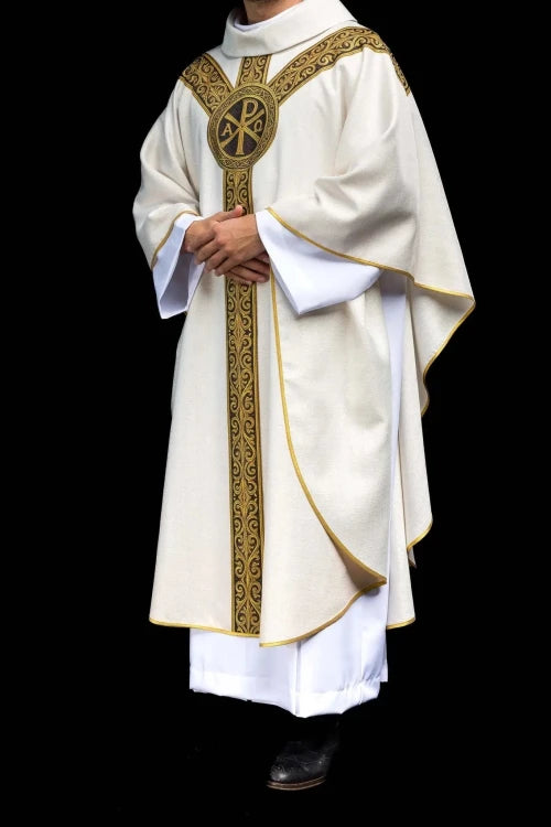 Ecru Chasuble with printed PAX motif — fabric detail