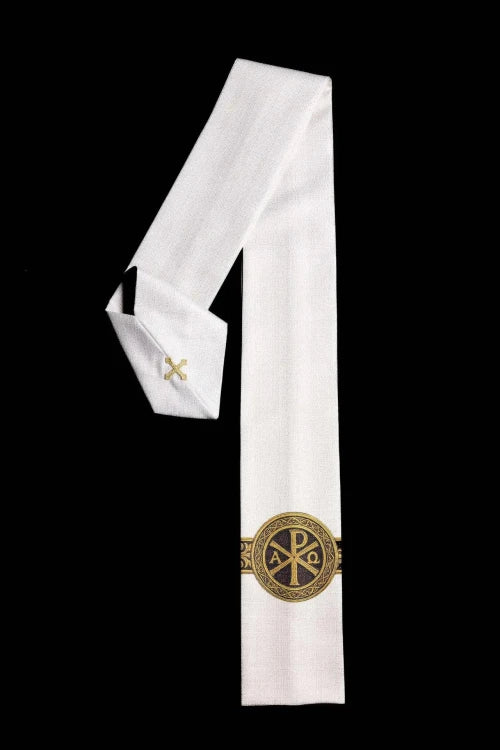 Ecru Chasuble with printed PAX motif — vestment detail