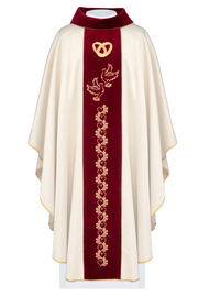 Ecru Chasuble with red velvet band for wedding liturgies — front view