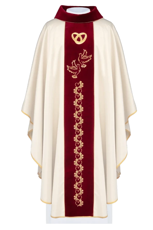 Ecru Chasuble with red velvet band for wedding liturgies — front view