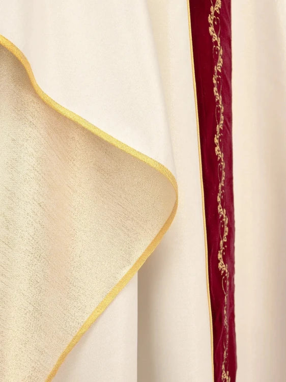 Ecru Chasuble with red velvet band for wedding liturgies — back view