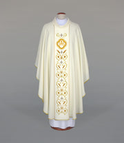 Ecru Chasuble with rich embroidery on a satin band — front view