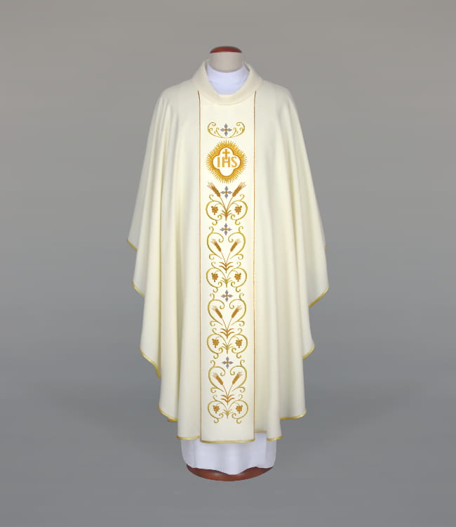Ecru Chasuble with rich embroidery on a satin band — front view