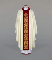 Ecru Chasuble with rich embroidery on a velvet band — front view
