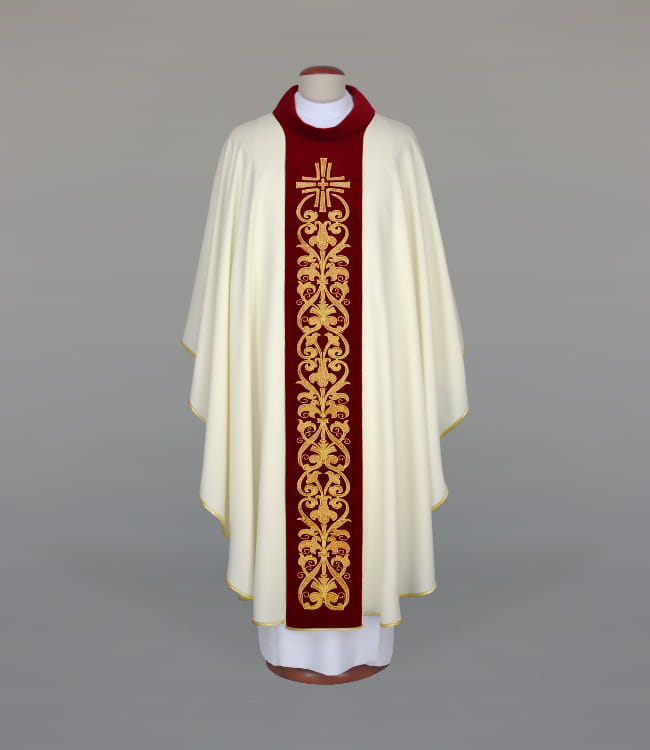 Ecru Chasuble with rich embroidery on a velvet band — front view