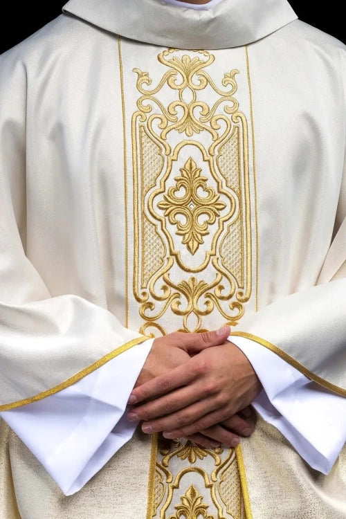 Ecru Chasuble with rich gold embroidery on a glossy band — front view