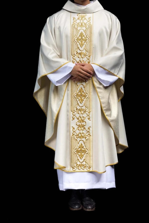 Ecru Chasuble with rich gold embroidery on a glossy band — full view
