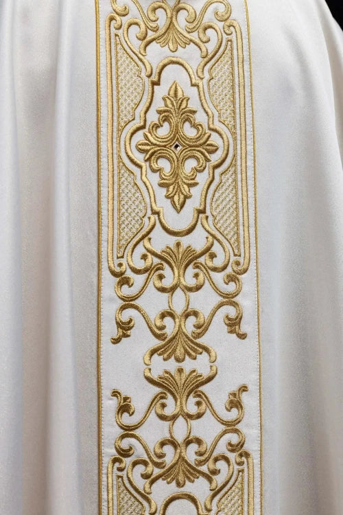 Ecru Chasuble with rich gold embroidery on a glossy band — decoration detail