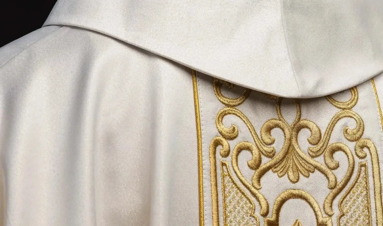 Ecru Chasuble with rich gold embroidery on a glossy band — side view