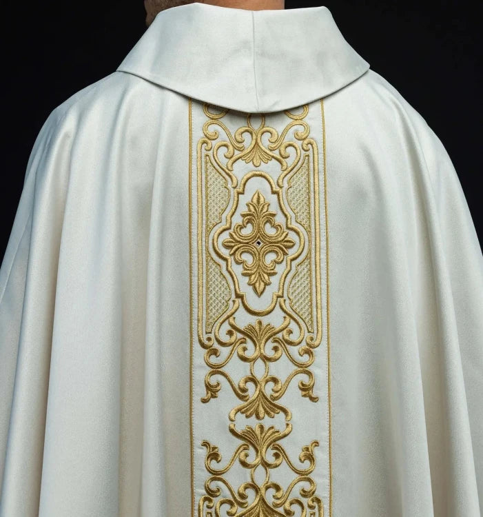 Ecru Chasuble with rich gold embroidery on a glossy band — collar detail