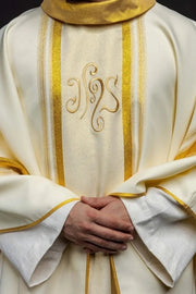 Ecru Chasuble with rich IHS decoration — front view
