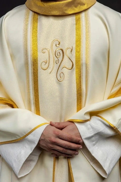 Ecru Chasuble with rich IHS decoration — front view
