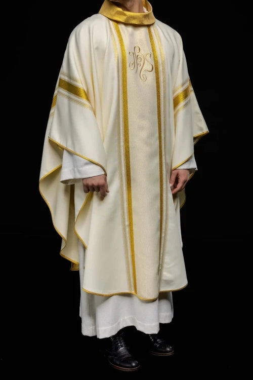 Ecru Chasuble with rich IHS decoration — full view