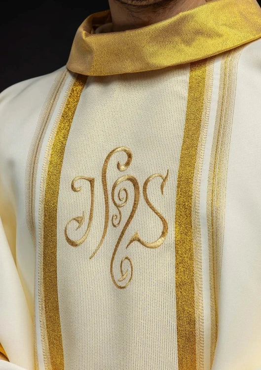 Ecru Chasuble with rich IHS decoration — decoration detail