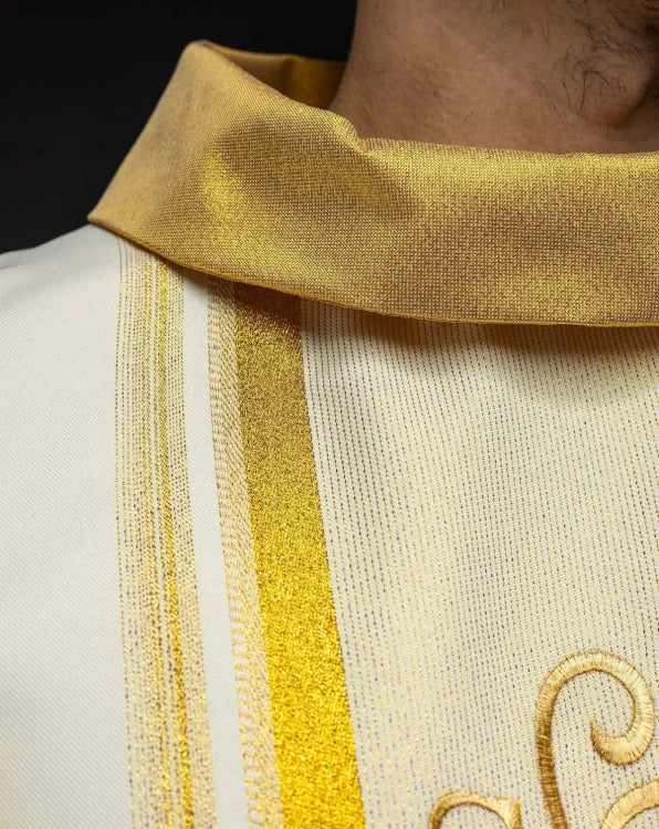 Ecru Chasuble with rich IHS decoration — close-up detail