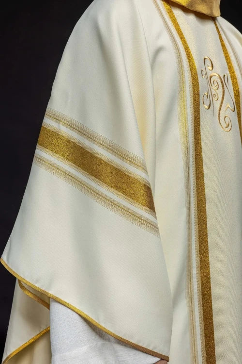 Ecru Chasuble with rich IHS decoration — side view