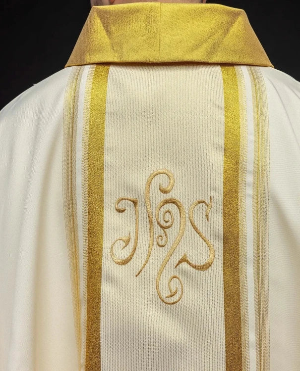 Ecru Chasuble with rich IHS decoration — collar detail