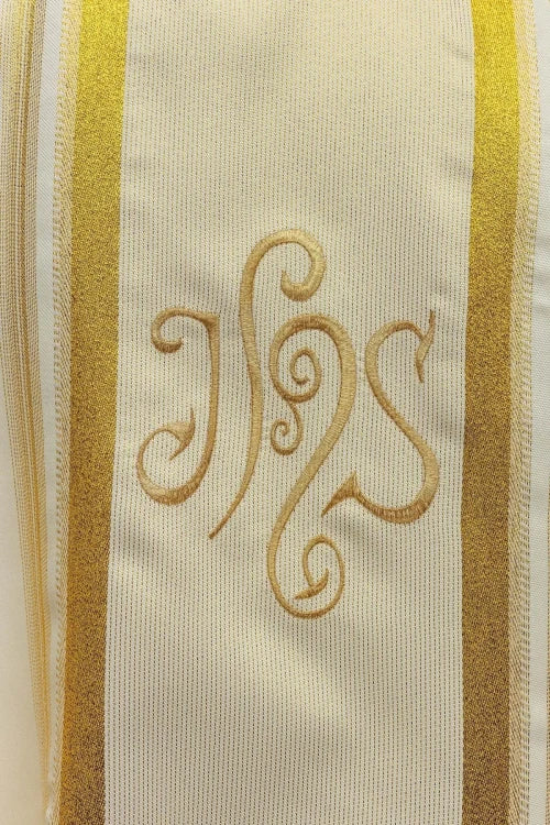 Ecru Chasuble with rich IHS decoration — fabric detail