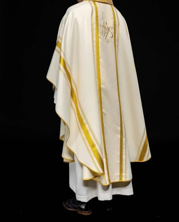 Ecru Chasuble with rich IHS decoration — vestment detail