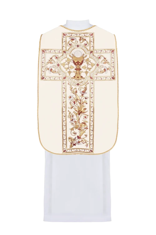 Ecru Chasuble with Roman cut and Eucharistic chalice embroidery — full view
