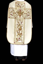 Ecru Chasuble with Roman cut and IHS embroidery — front view