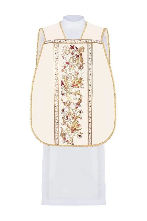 Ecru Chasuble with Roman cut and IHS embroidery — full view