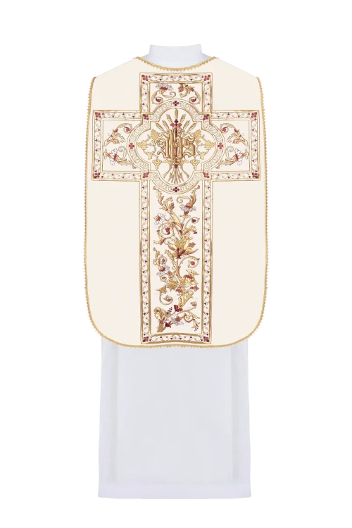 Ecru Chasuble with Roman cut and IHS embroidery — decoration detail