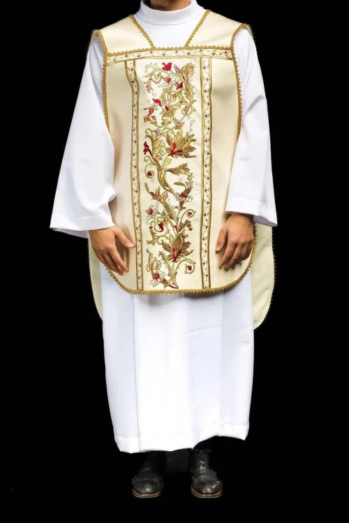 Ecru Chasuble with Roman cut and IHS embroidery — back view