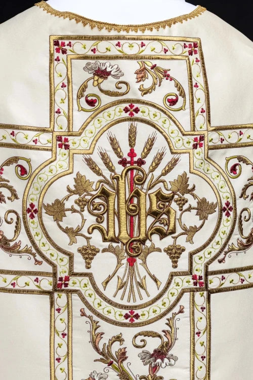 Ecru Chasuble with Roman cut and IHS embroidery — close-up detail