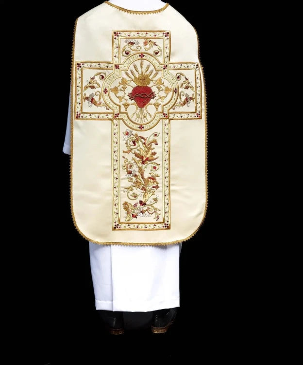 Ecru Chasuble with Roman cut and Sacred Heart embroidery — front view