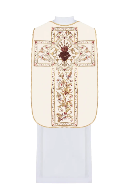 Ecru Chasuble with Roman cut and Sacred Heart embroidery — close-up detail