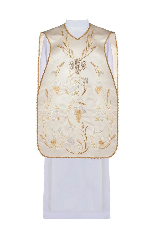 Ecru Chasuble with Roman cut with IHS, wheat and grape motifs — front view