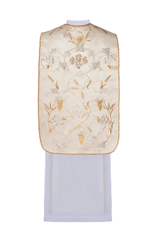 Ecru Chasuble with Roman cut with IHS, wheat and grape motifs — full view