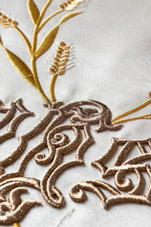 Ecru Chasuble with Roman cut with IHS, wheat and grape motifs — decoration detail