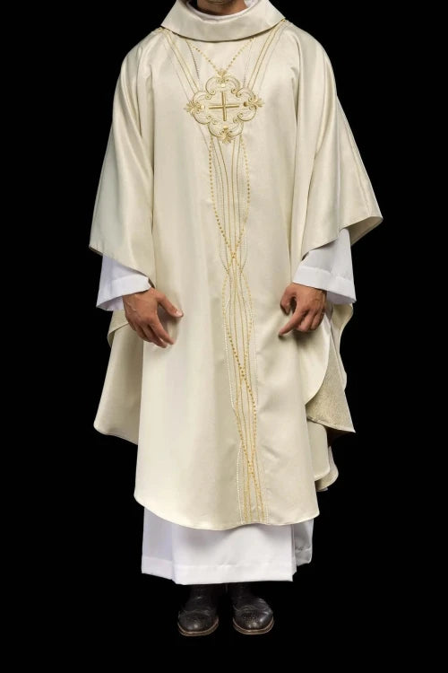 Ecru Chasuble with Rosary-inspired decoration — full view