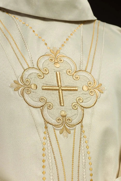 Ecru Chasuble with Rosary-inspired decoration — back view