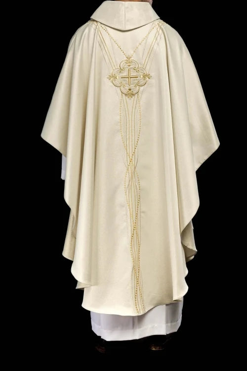 Ecru Chasuble with Rosary-inspired decoration — collar detail