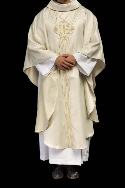 Ecru Chasuble with Rosary-inspired decoration — fabric detail