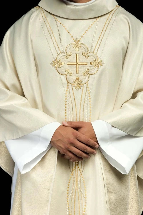 Ecru Chasuble with Rosary-inspired decoration — vestment detail