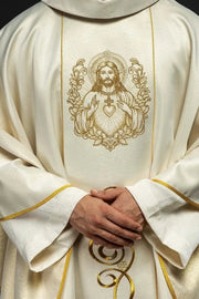 Ecru Chasuble with Sacred Heart of Jesus embroidery — front view