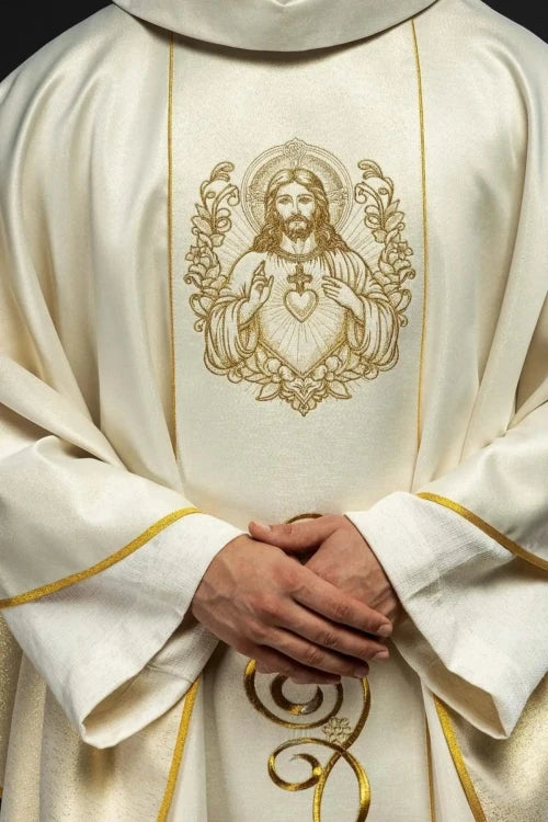 Ecru Chasuble with Sacred Heart of Jesus embroidery — front view